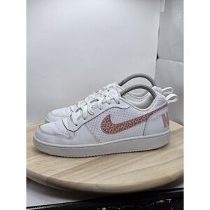 Womens Size 7.5 - White Nike Court Borough Low with pink leopard Swoosh Sneakers